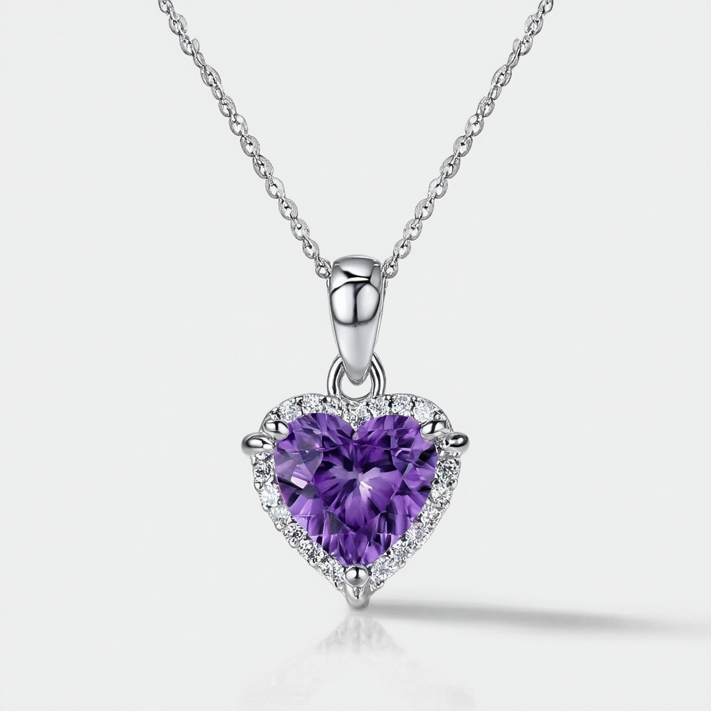 Amazon Collection 10k White Gold Heart-Shaped Amethyst with Diamonds Heart Pendant Necklace, 18"
