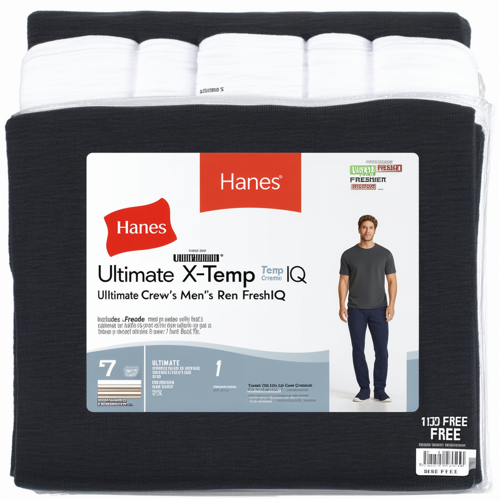 Hanes Ultimate X-Temp FreshIQ Men's Crew Black 7-Pack (Includes 1 Free B