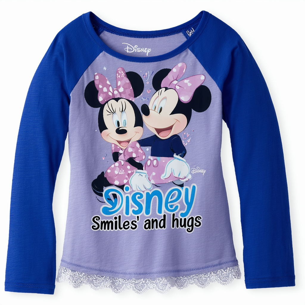 Disney Girls' Disney Smiles and Hugs Raglan Long-Sleeve Shirt with Lace Detail