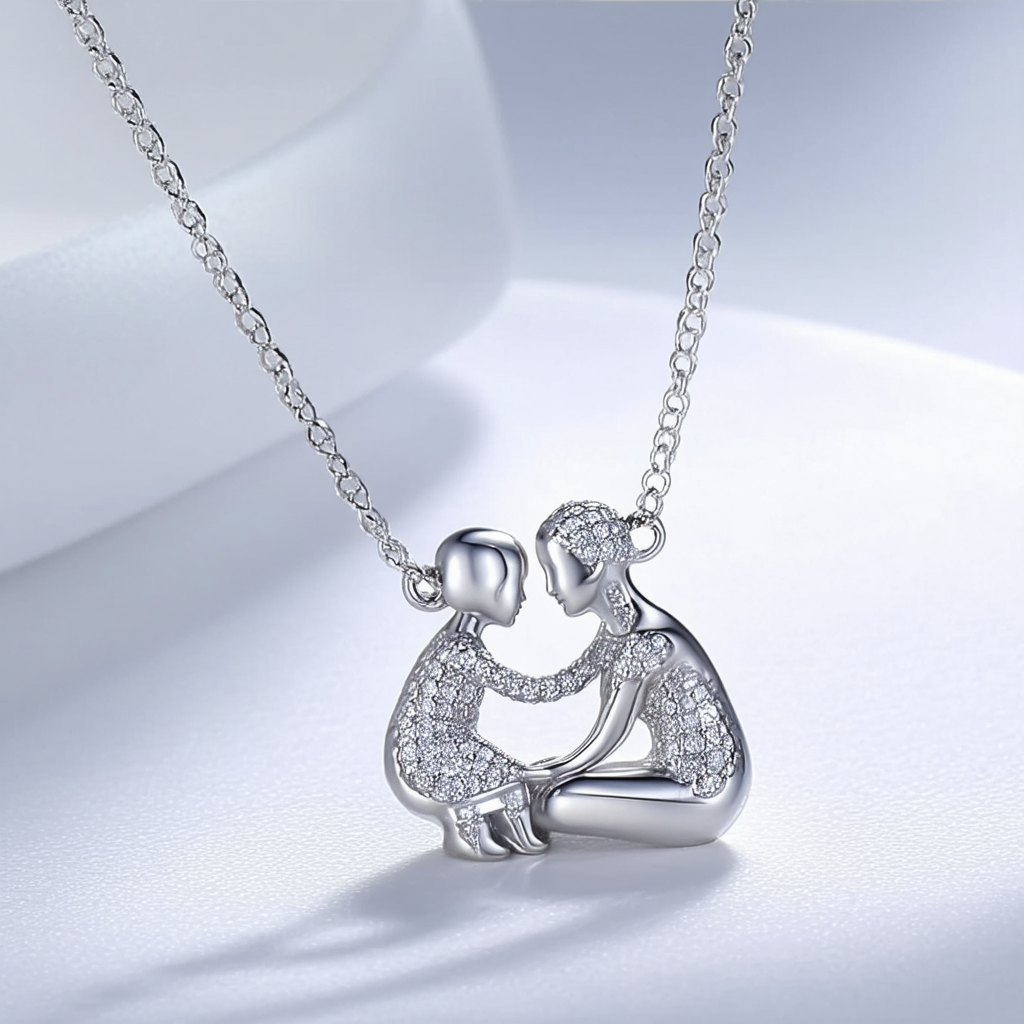 Amazon Collection Sterling Silver Cubic Zirconia Mother and Child Pendant Necklace, 18"