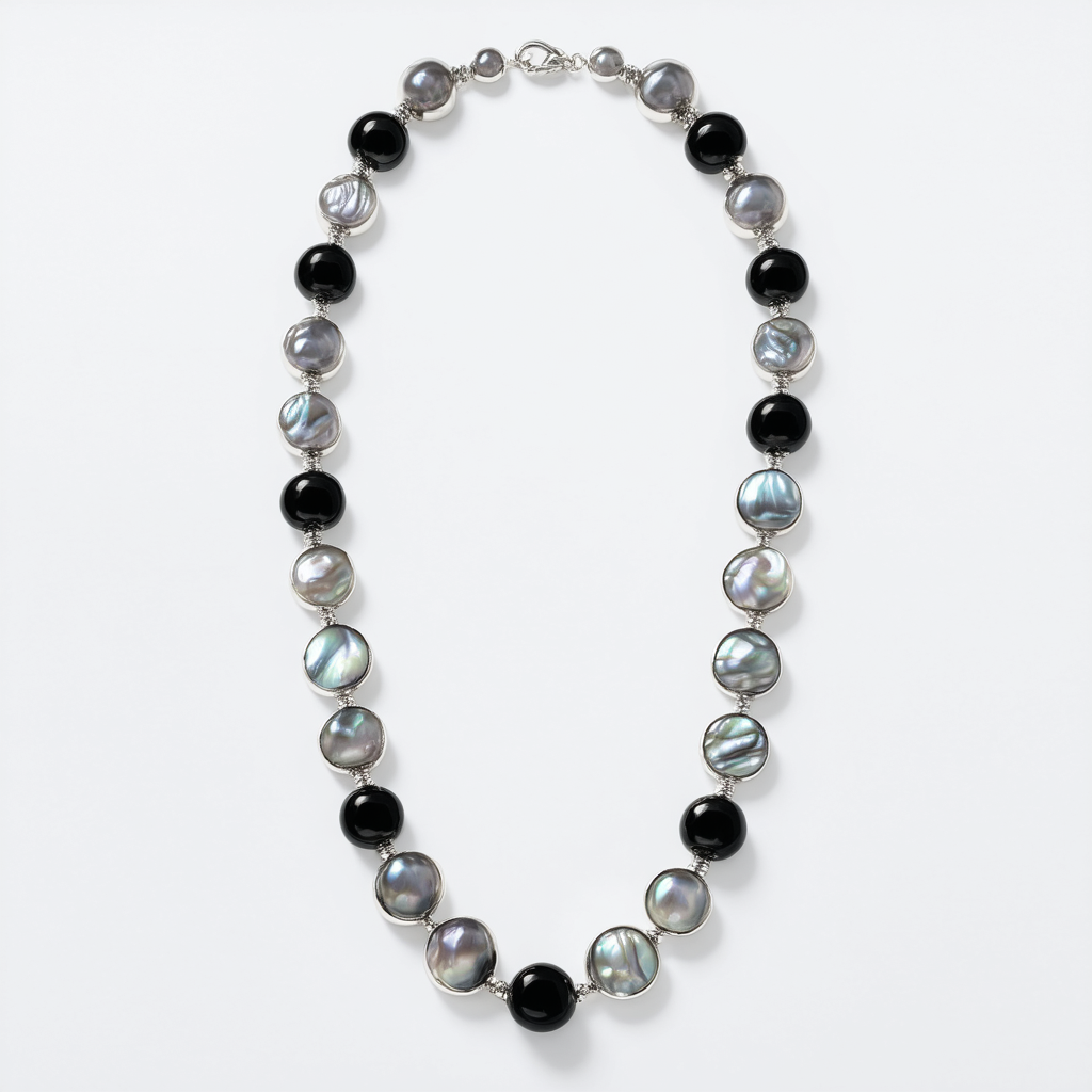 Amazon Collection Sterling Silver, Onyx and Grey Mother-of-Pearl Necklace, 32"