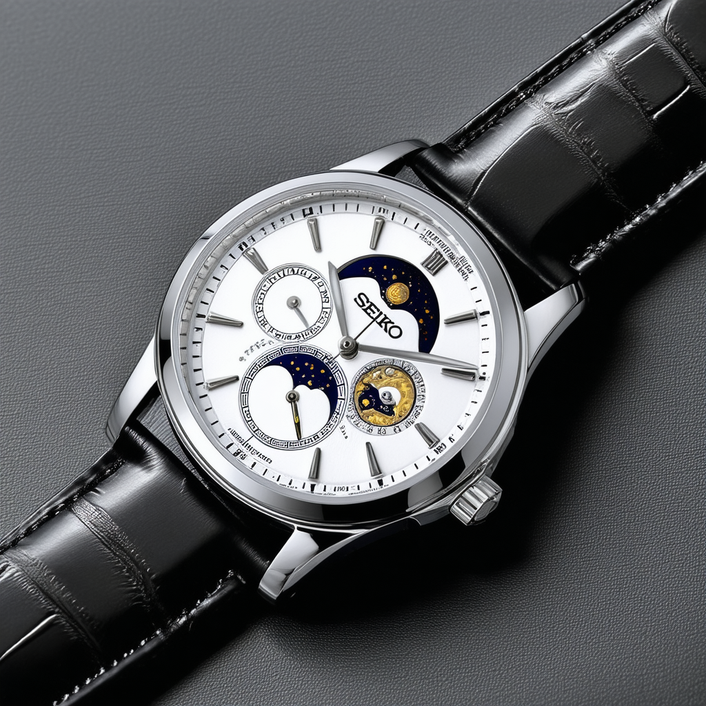 Seiko SRX003 Mens Premier Kinetic Direct Drive Moonphase White Dial Black Leather Watch