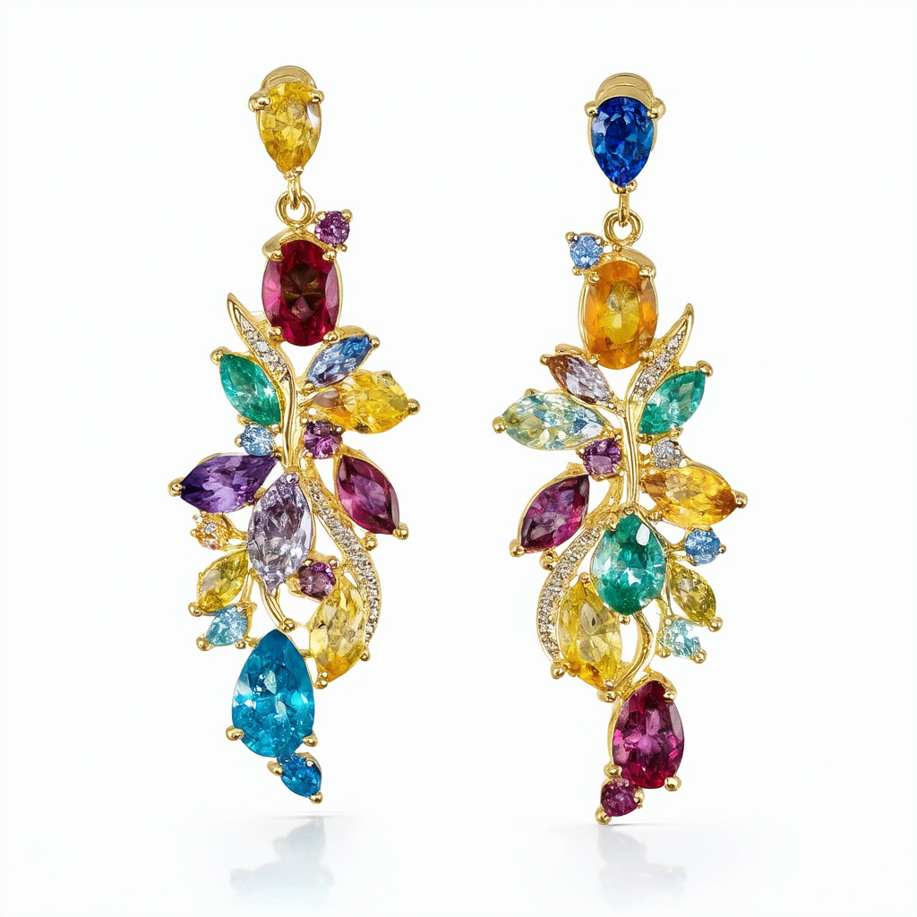 18k Yellow Gold Plated Sterling Silver Genuine Multi Gemstone Dangle Earrings