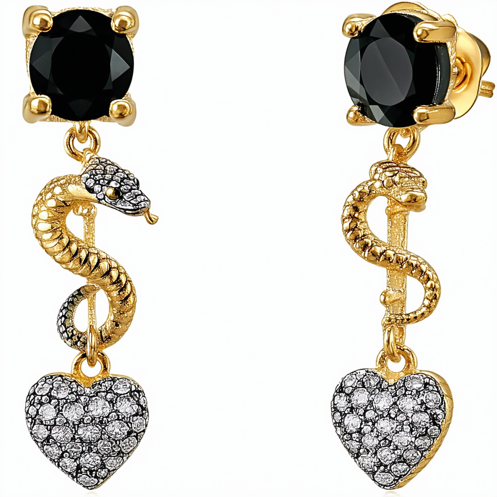 GUESS Goldtone Black Gemstone, Snake, and Heart Linear Dangle Drop Earrings
