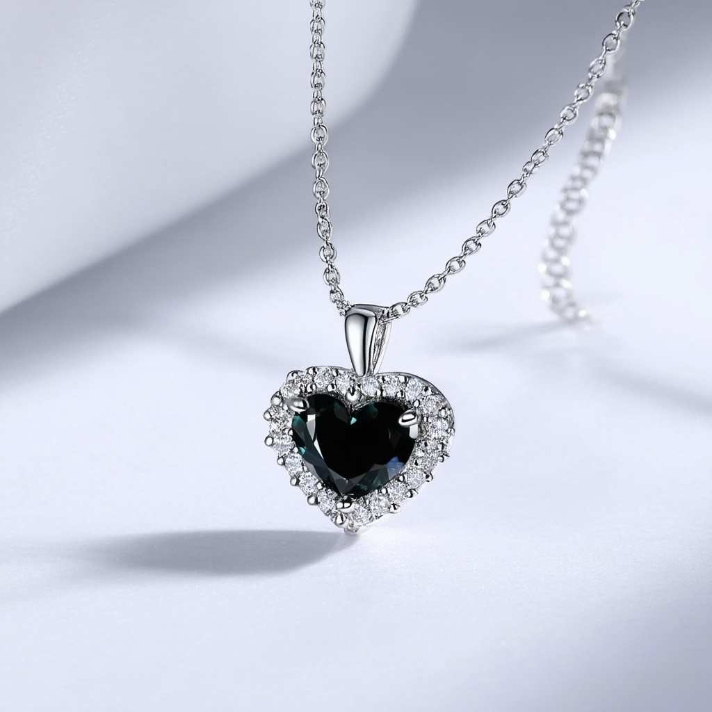 Amazon Collection Sterling Silver Black and White Diamond Heart Shape Pendant Necklace