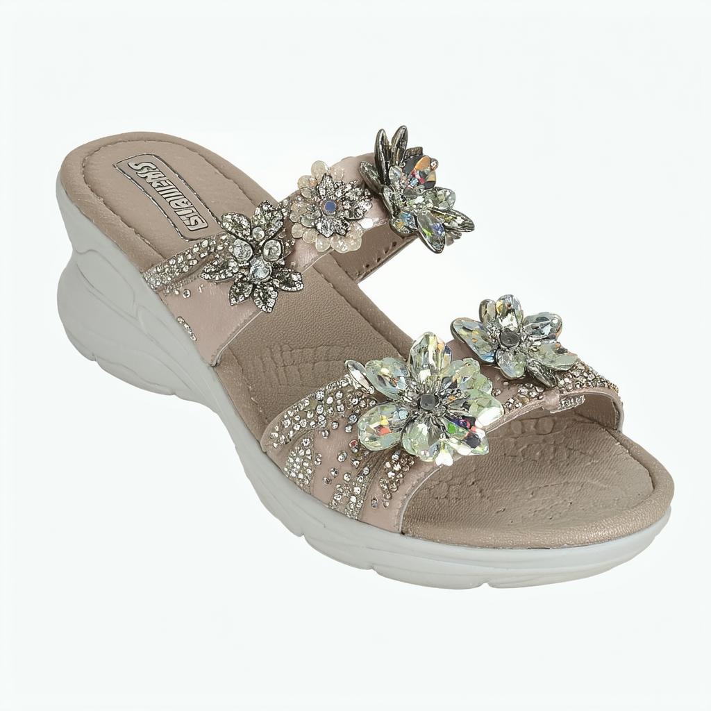 Skechers Women's Rumblers-Glass Flowers-Rhinestone Multi-Strap Slide Sandal Wedge