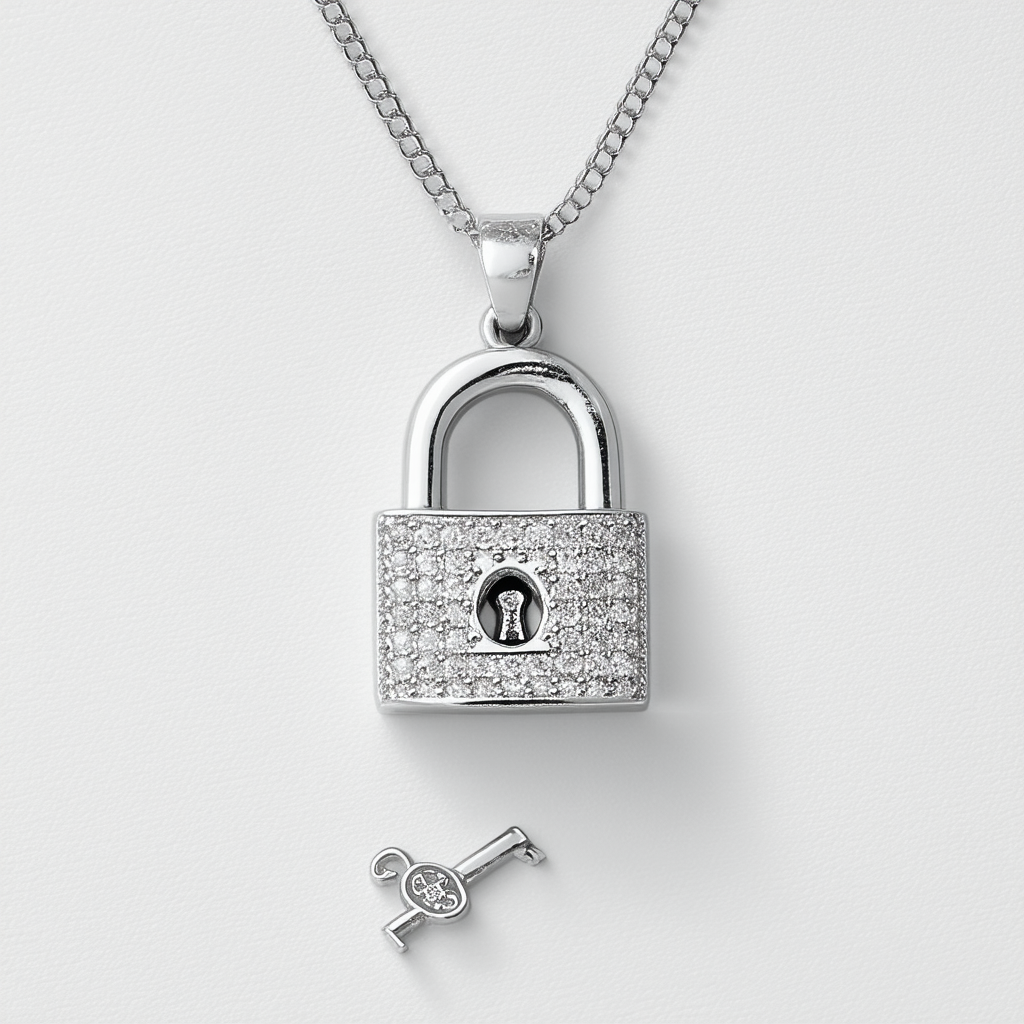 Amazon Collection Sterling Silver Lock and Key Pendant Necklace with Diamond-Accent Bale, 18"