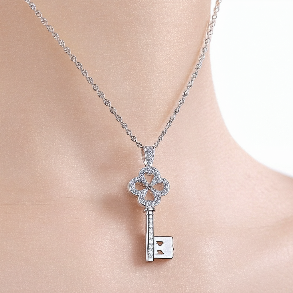 Amazon Collection Sterling Silver Diamond Clover Key Pendant Necklace (1/4 cttw), 18"