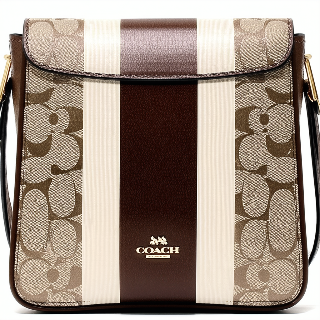 COACH F51157 SIGNATURE STRIPE NORTH/SOUTH SWINGPACK SILVER/KHAKI/MAHOGANY
