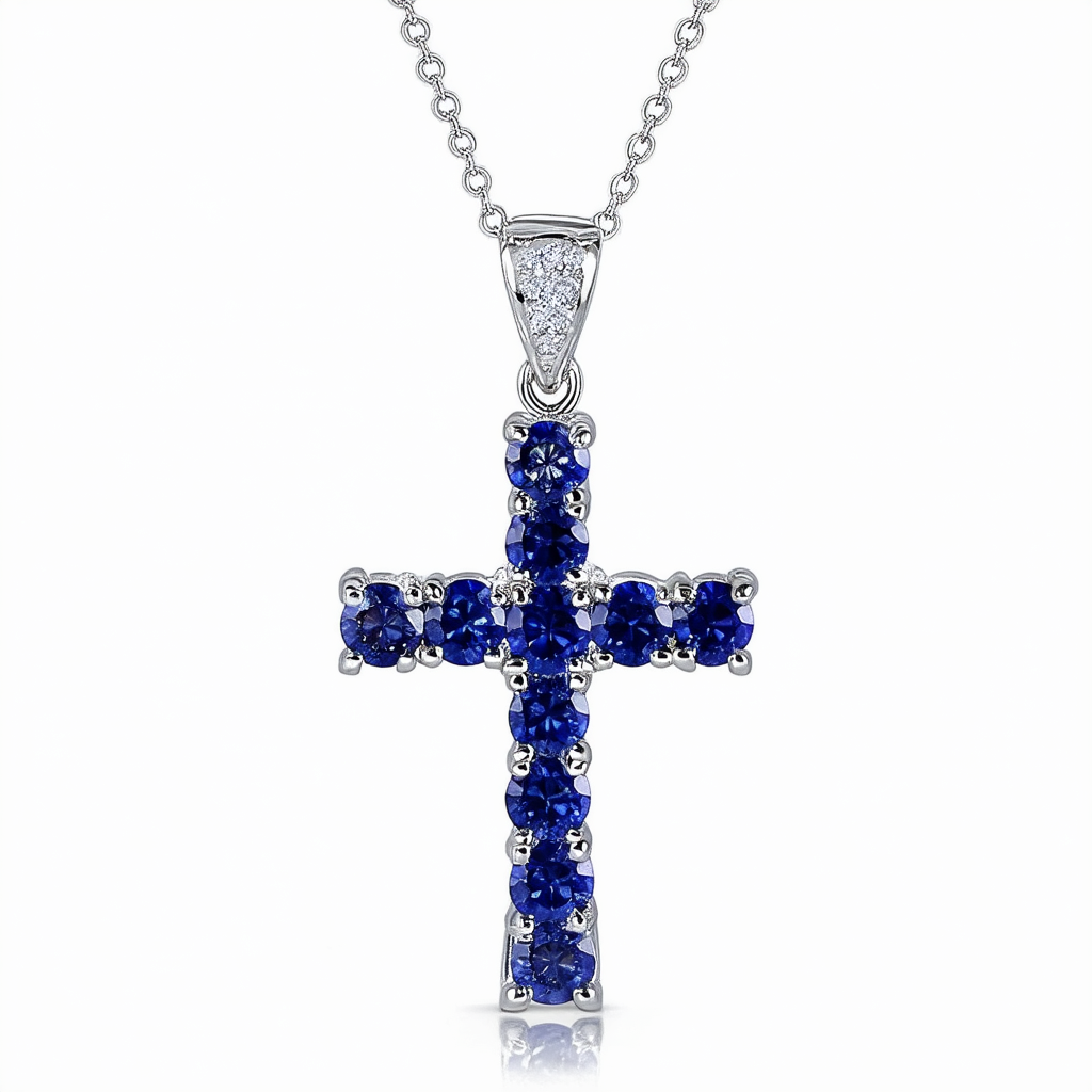 Amazon Collection Sterling Silver Created Blue and White Sapphire Cross Pendant Necklace, 18"