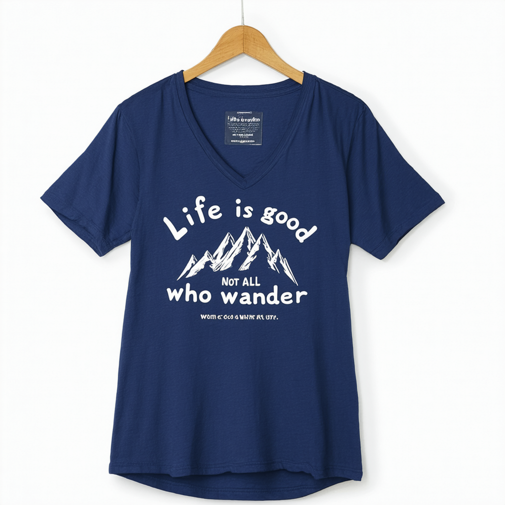 Life is good Women's Cool Vee Neck Not All Who Wander T-Shirt (Darkest Blue)