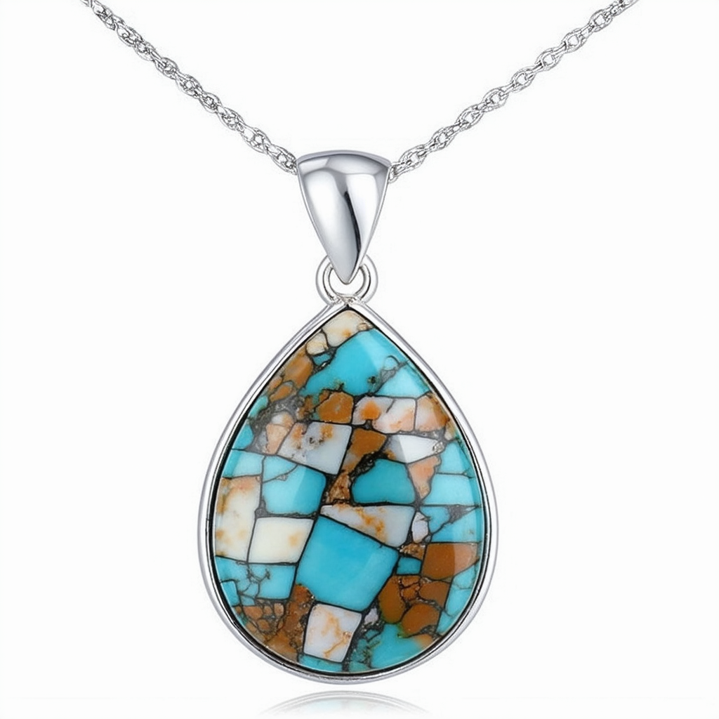 Amazon Collection Silver-Tone Simulated Stone Inlay Large Teardrop Pendant Necklace, 18"