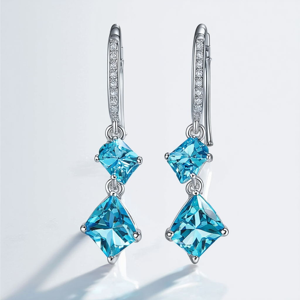 Amazon Collection Sterling Silver Aqua Swarovski Elements Geometric Drop Lever Back Earrings