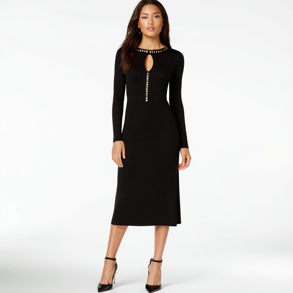 Vince Camuto Women's Long-Sleeve Shift Dress with Keyhole Neck and Hardware