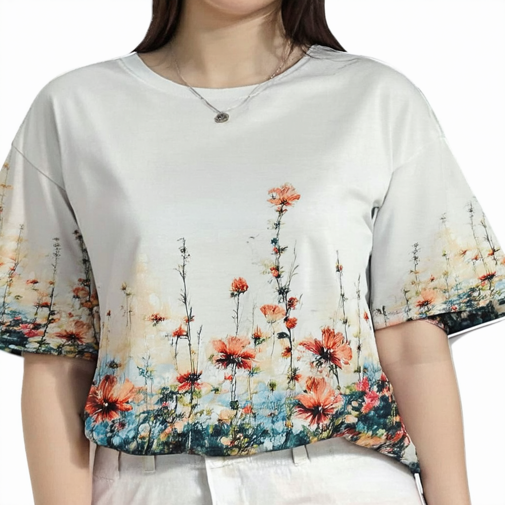 Women's Fashion Casual Plus Size Scenic Flowers Printing Round Neck T-Shirt Tops AAA302