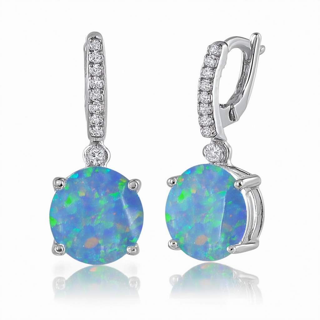 Amazon Collection Sterling Silver Created Opal and Diamond Accent Round-Cut Drop Earrings