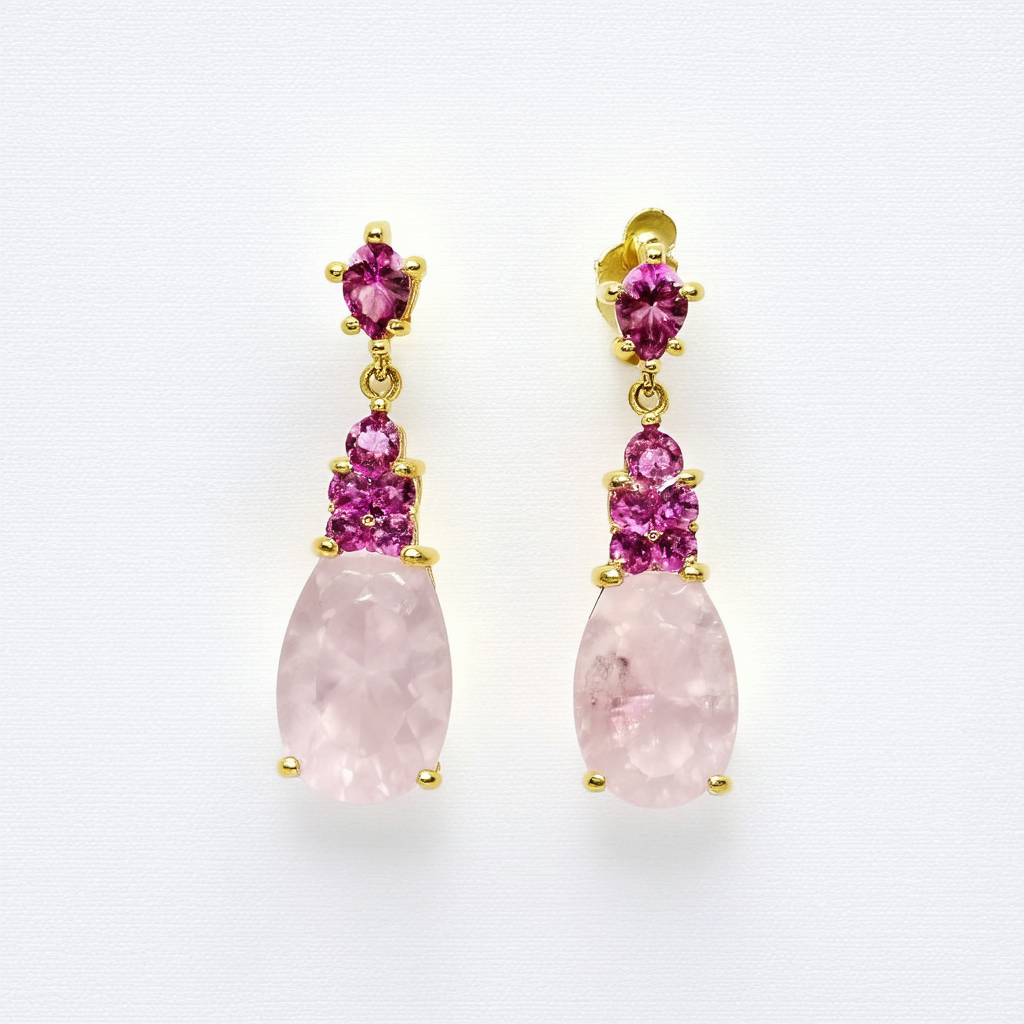 Amazon Collection 10K Yellow Gold Rose Quartz and Rhodolite Briolette Drop Earrings