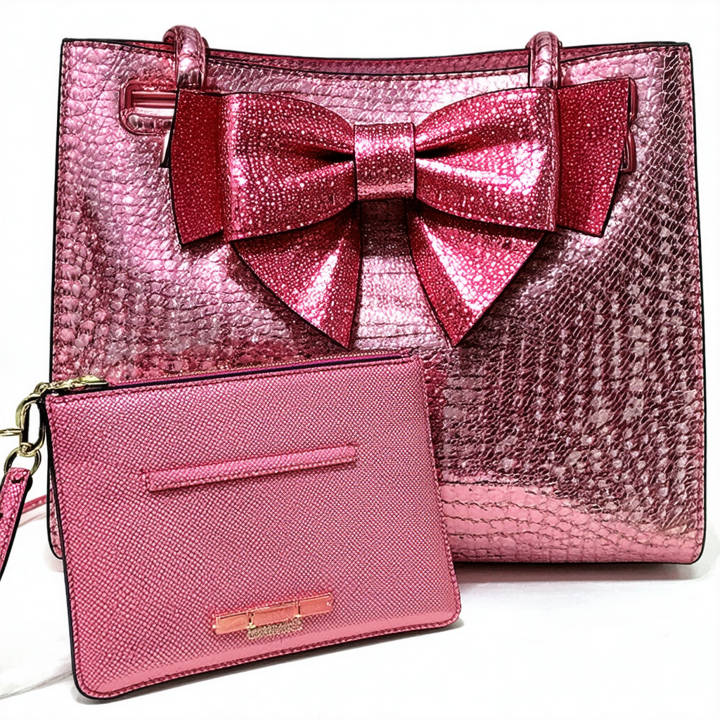 Betsey Johnson Bow Tote With Wristlet Pouch Handbag - 2 Piece set