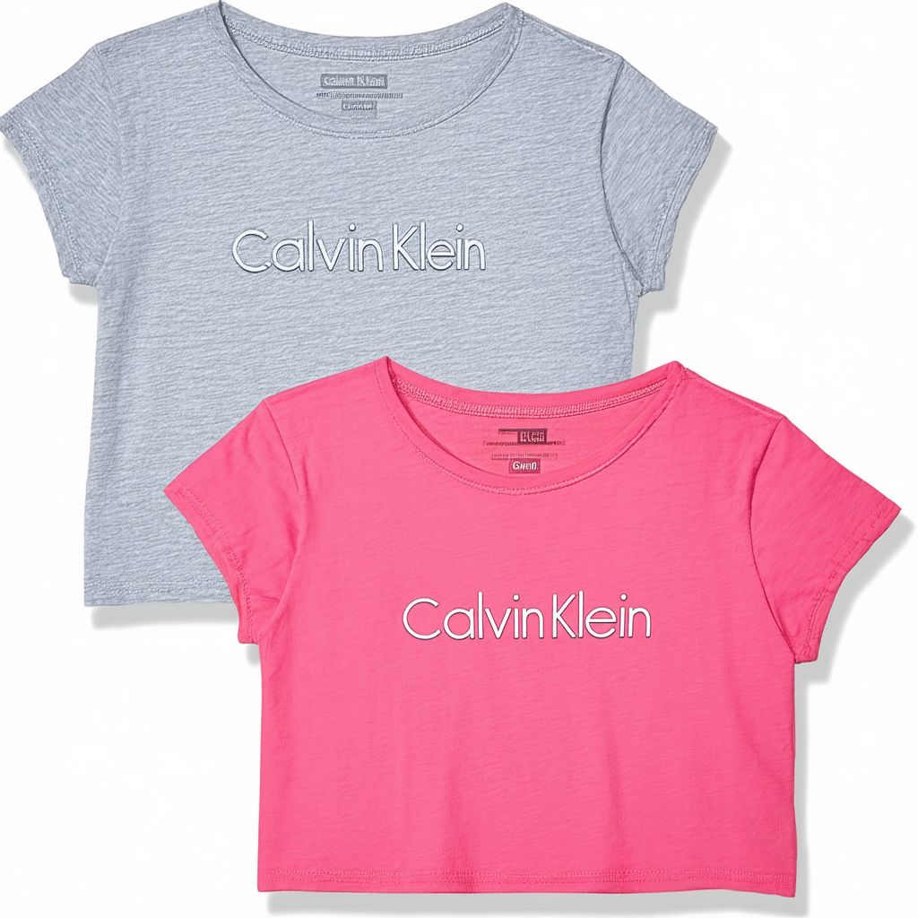 Calvin Klein Girls' 2 Pack Short Sleeve Graphic Logo Tees, Med Grey HTR/Candy Pink, Small (6/7)