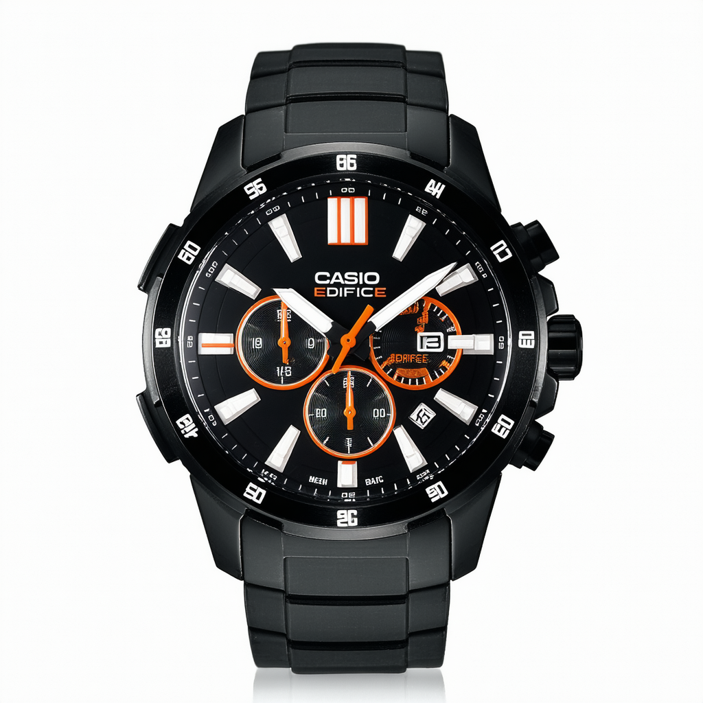 Casio Men's Edifice Black Rubber Black Dial Orange Hands