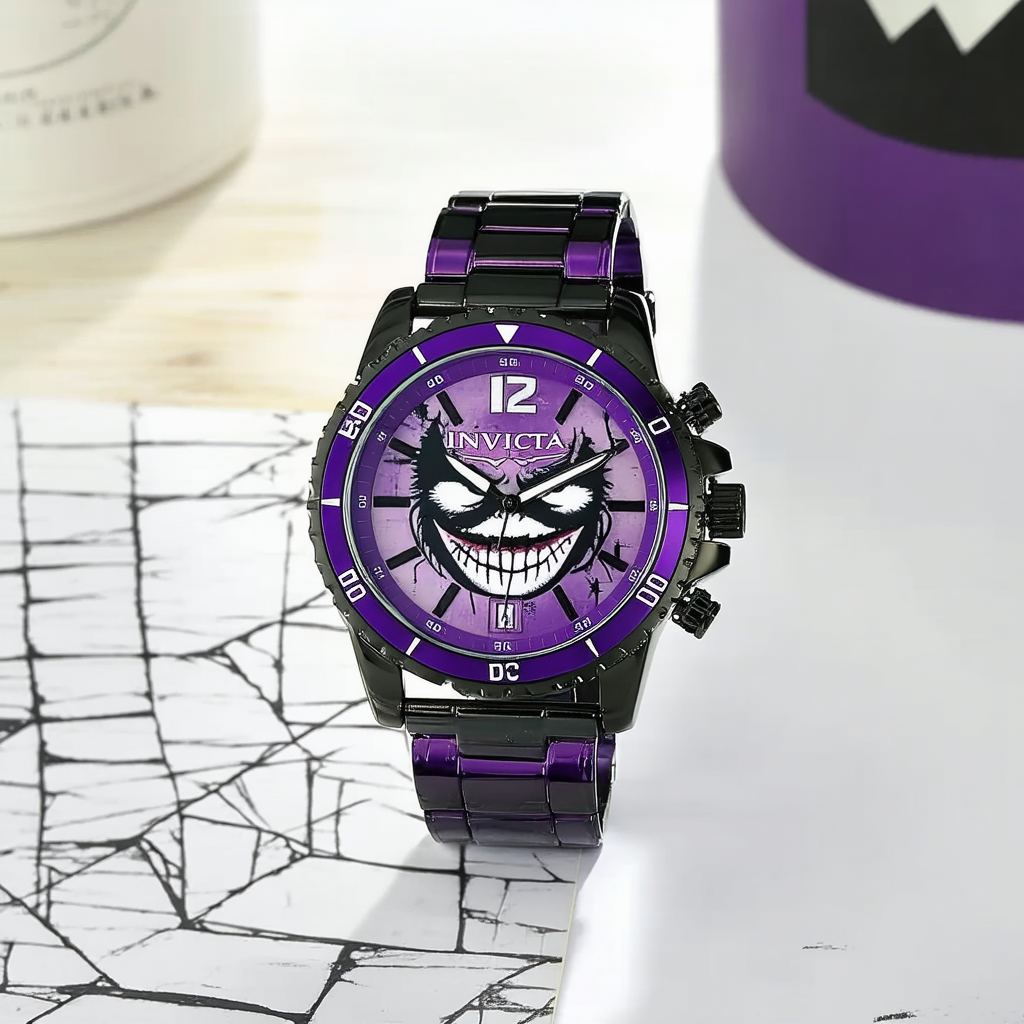 Invicta 48mm Men's DC Comics Joker Quartz Watch Stainless Steel Strap, Purple Black (Model: 35613)