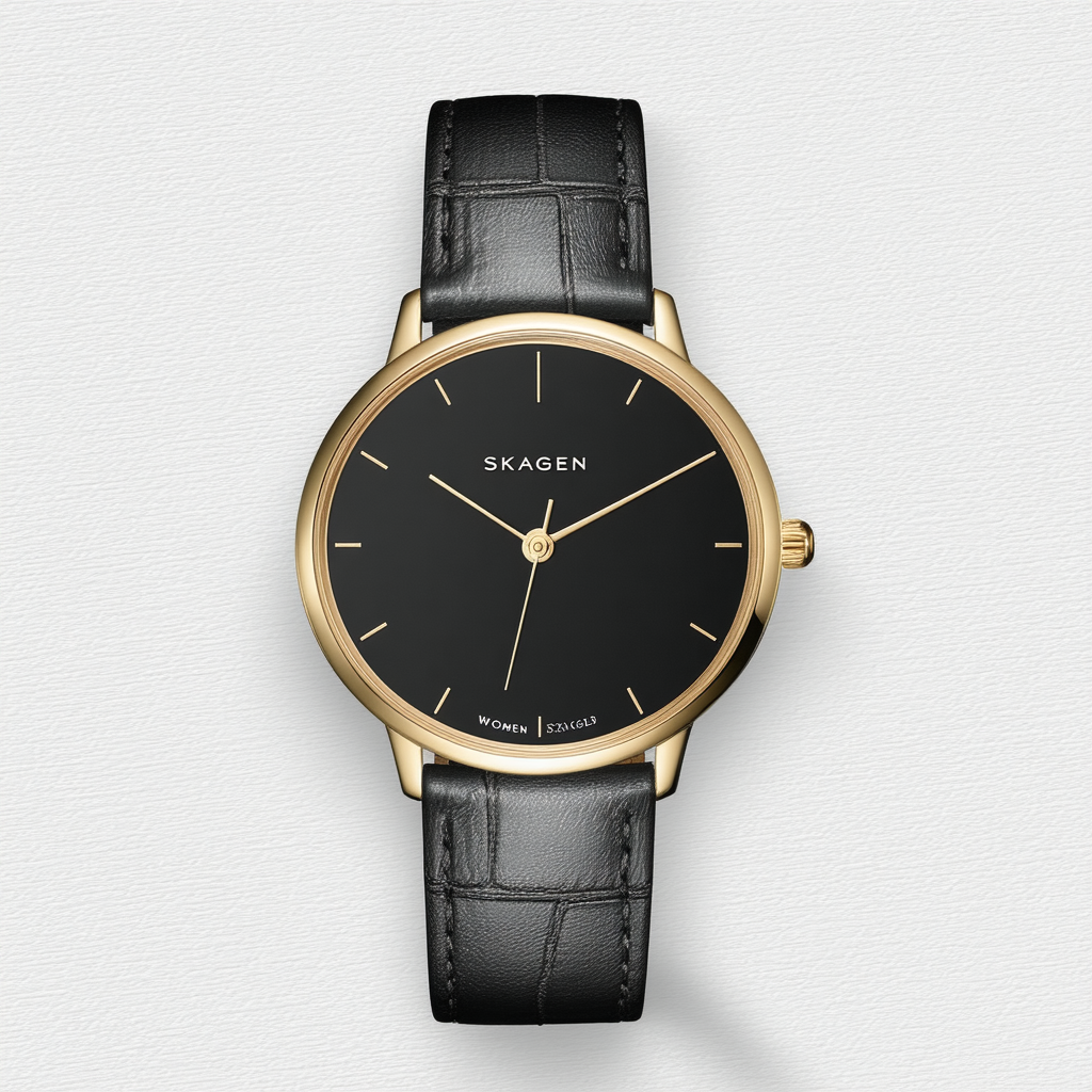 Skagen Women's 523XSGLB Gold Plated, Black Dial, Black Leather Band Watch