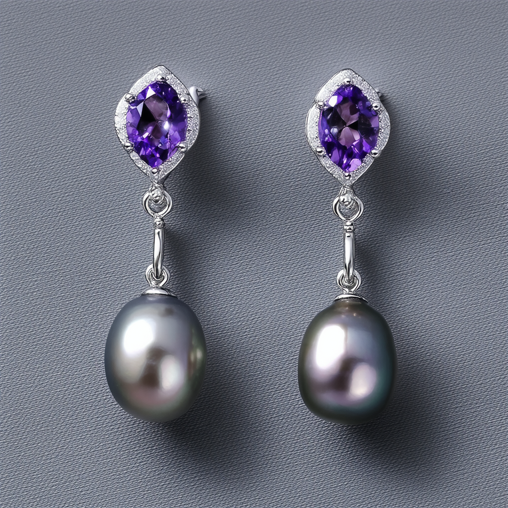 Amazon Collection Sterling Silver Amethyst and Tahitian Cultured Pearl Drop Earrings (8-9mm)