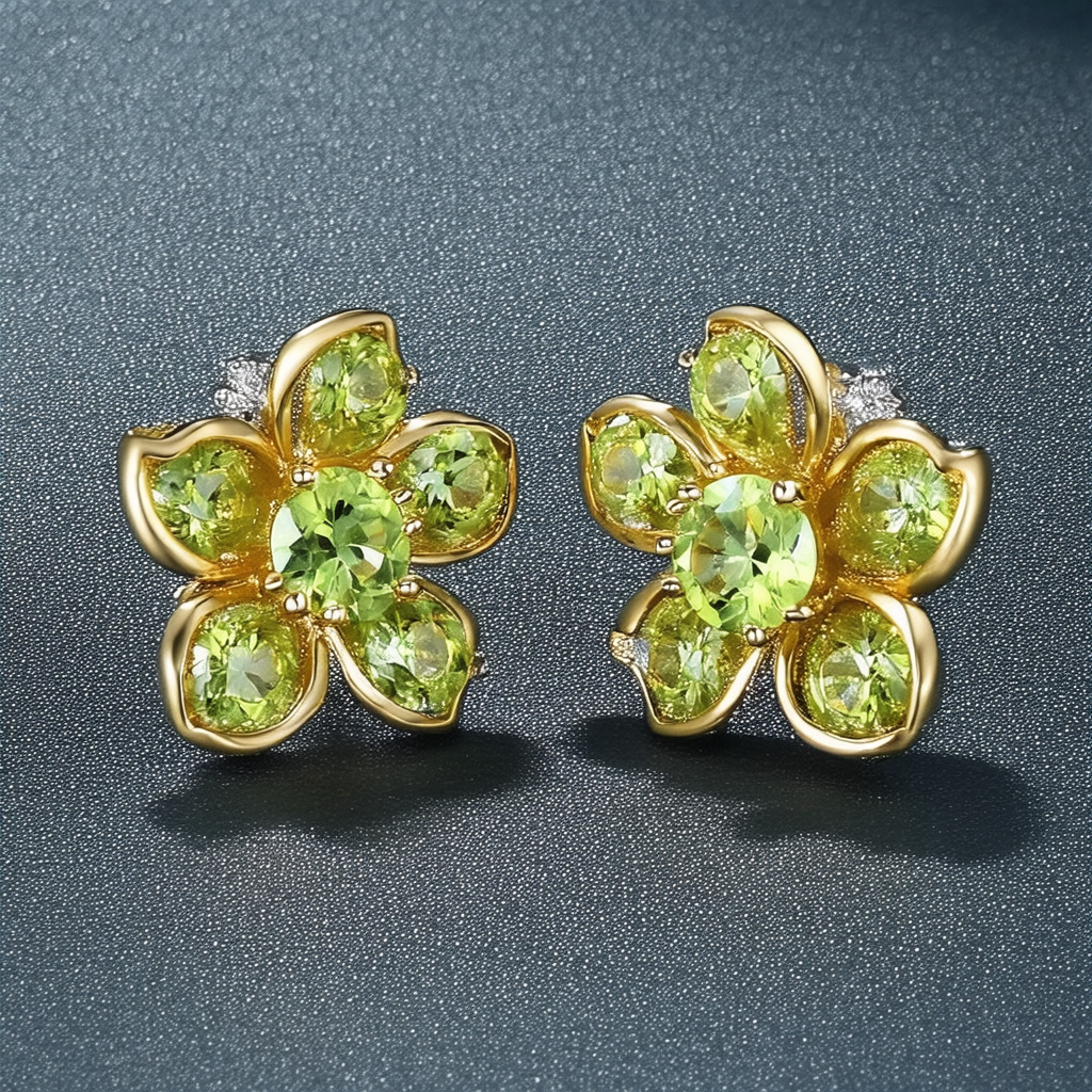 Amazon Collection Yellow Gold Plated Silver Peridot Flower Earrings