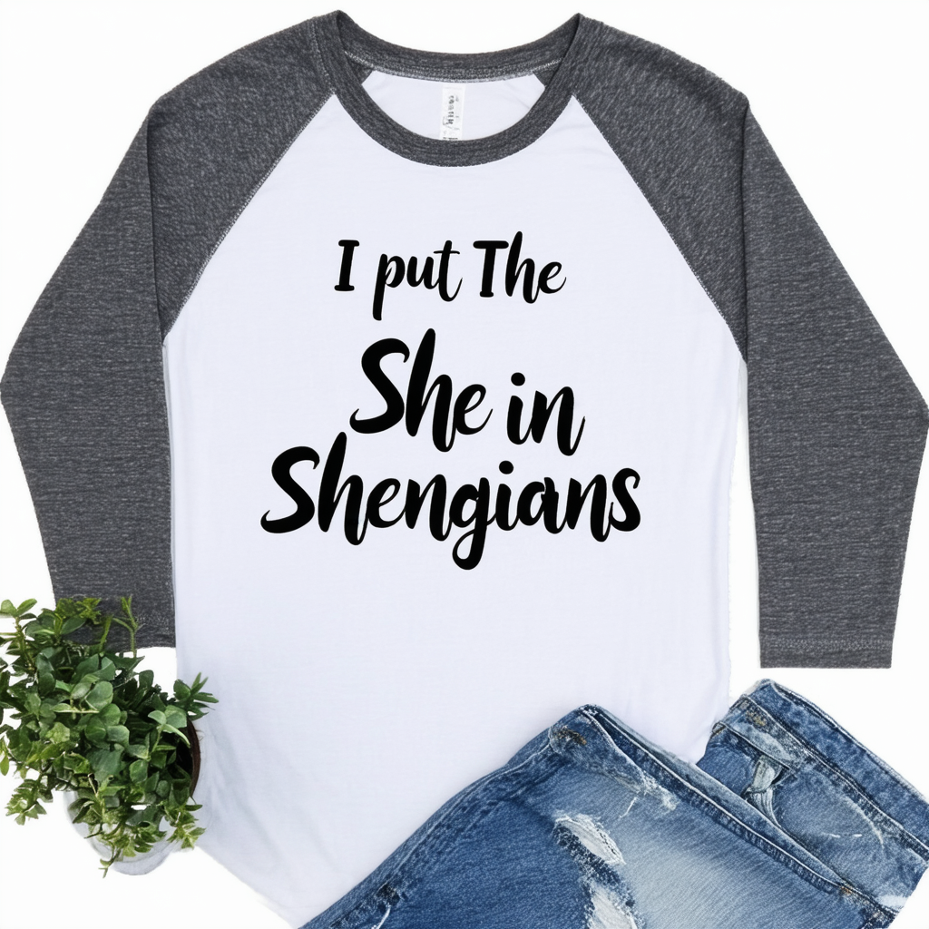 Threadrock Women's I Put The She in Shenanigans Raw-Edge Raglan Shirt