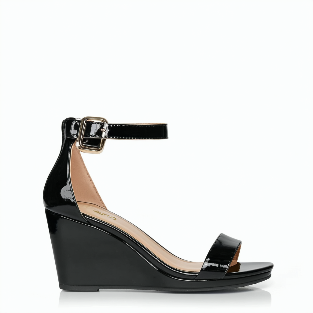 Qupid Flix-25 Patent Leatherette One Band Buckle Ankle Strap Wedge Sandal AE72 - Black