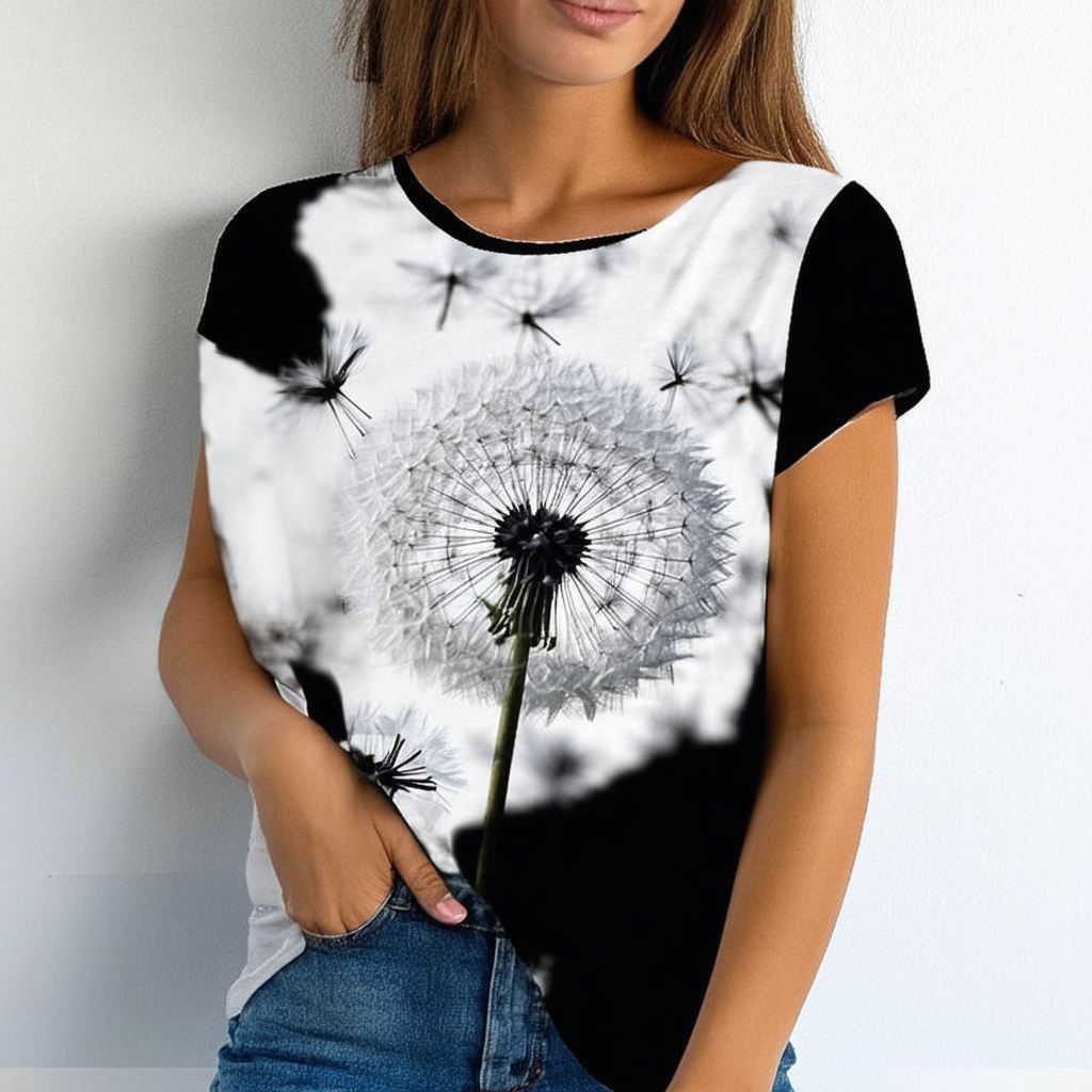 Women's Summer Round Neck D Andelion Print Short Sleeve T-Shirt Top (Black, L)