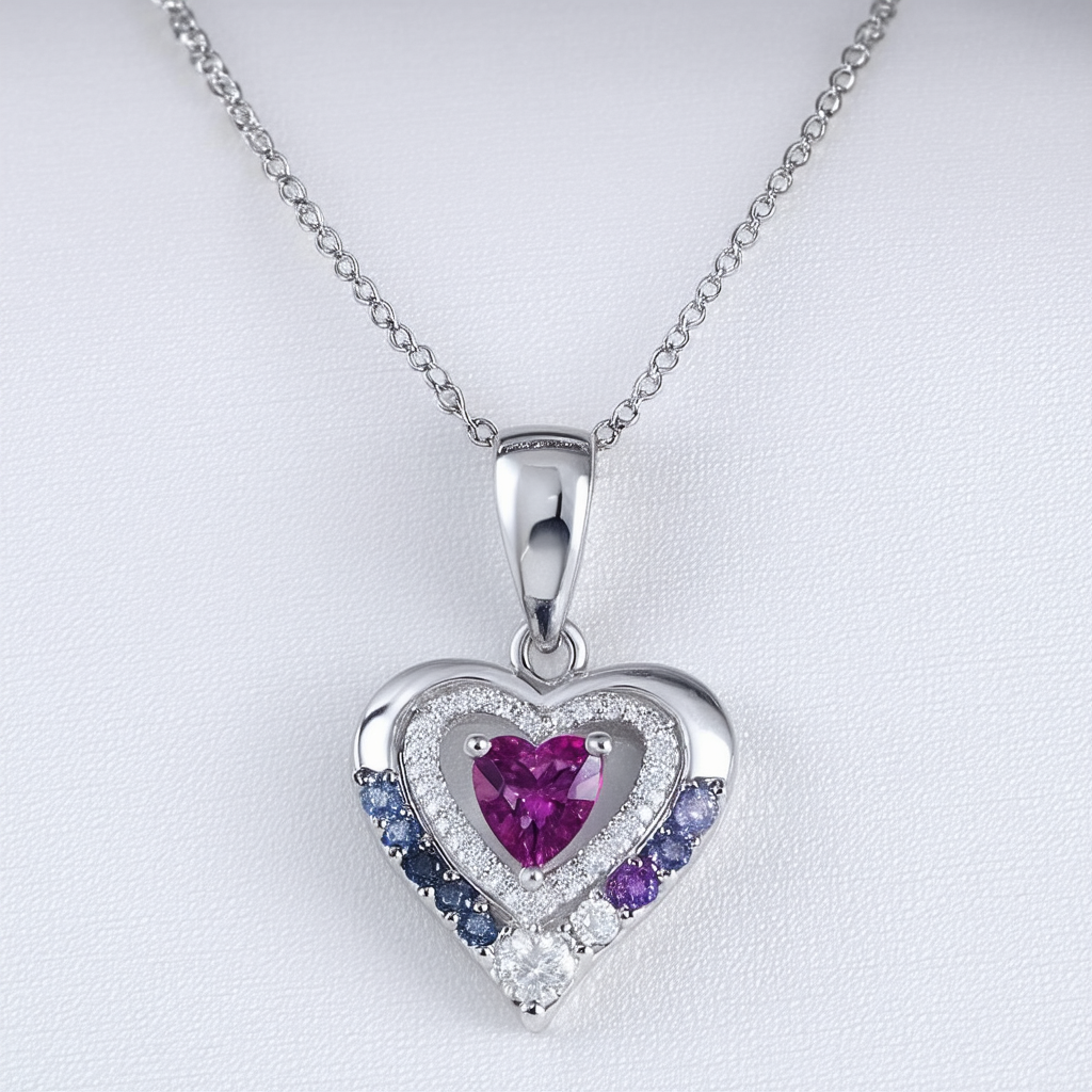 Amazon Collection Sterling Silver, Gemstone, and Diamond Heart Pendant Necklace, 18"