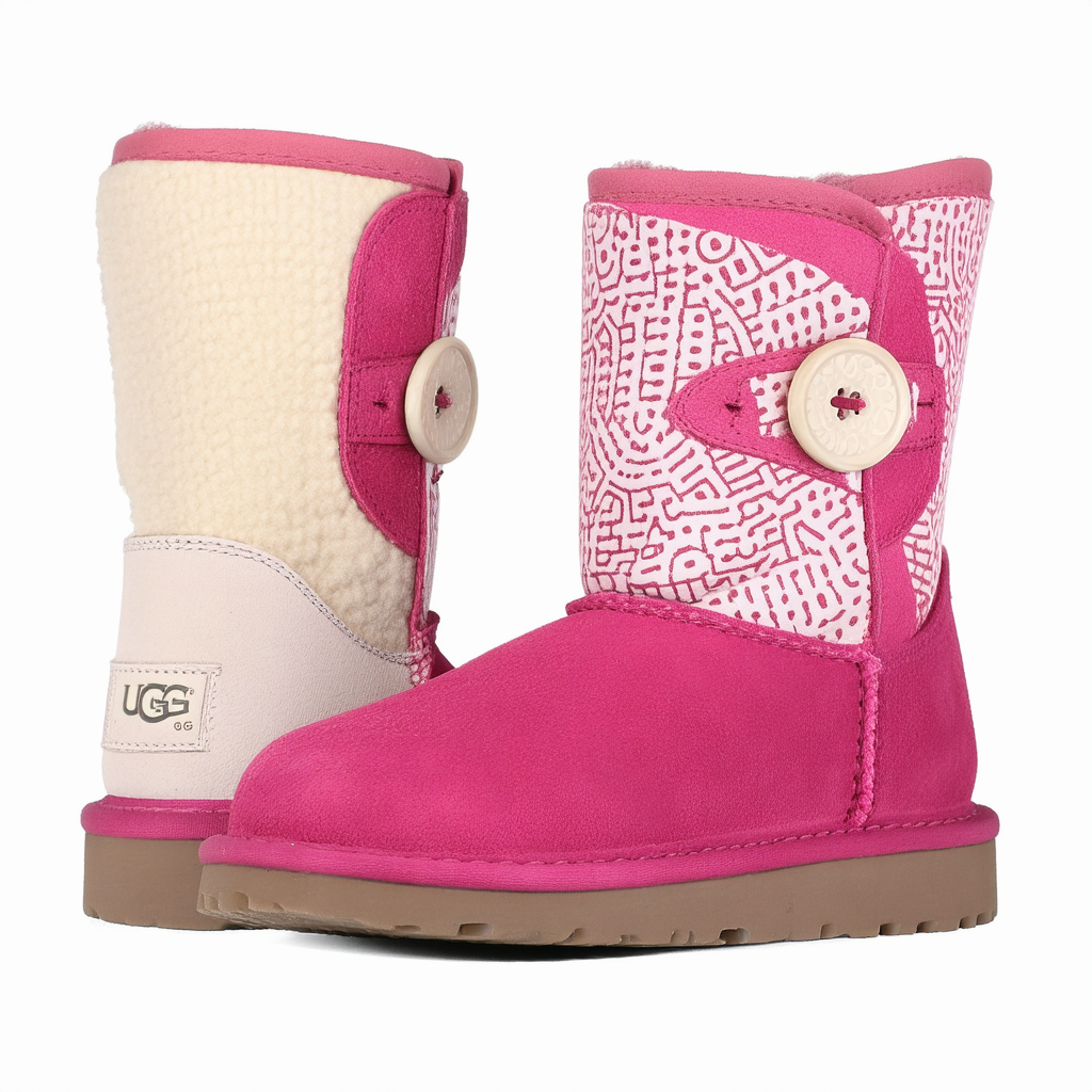 UGG Women's Mini Bailey Button Geo Perf, Furious Fuchsia Twinface