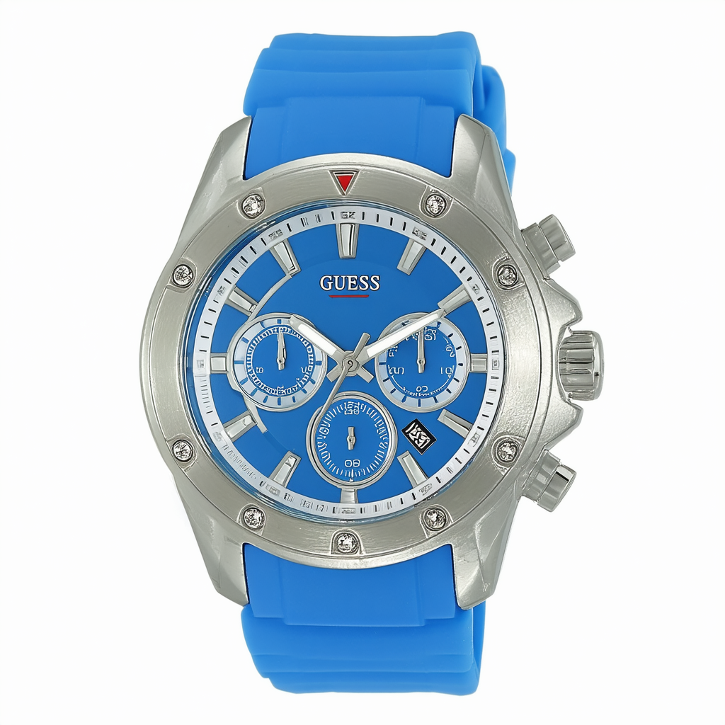 GUESS Men's U0486G1 Sporty Silver-Tone & Blue Silicone Multi-Function Watch