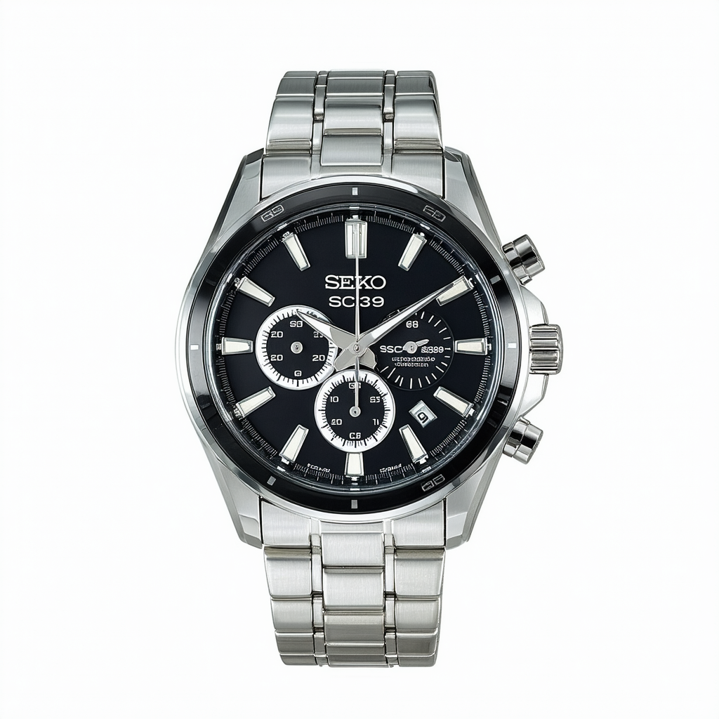 Seiko SSC389 Men's Solar Chronograph Silver Bracelet Band Black Dial Watch