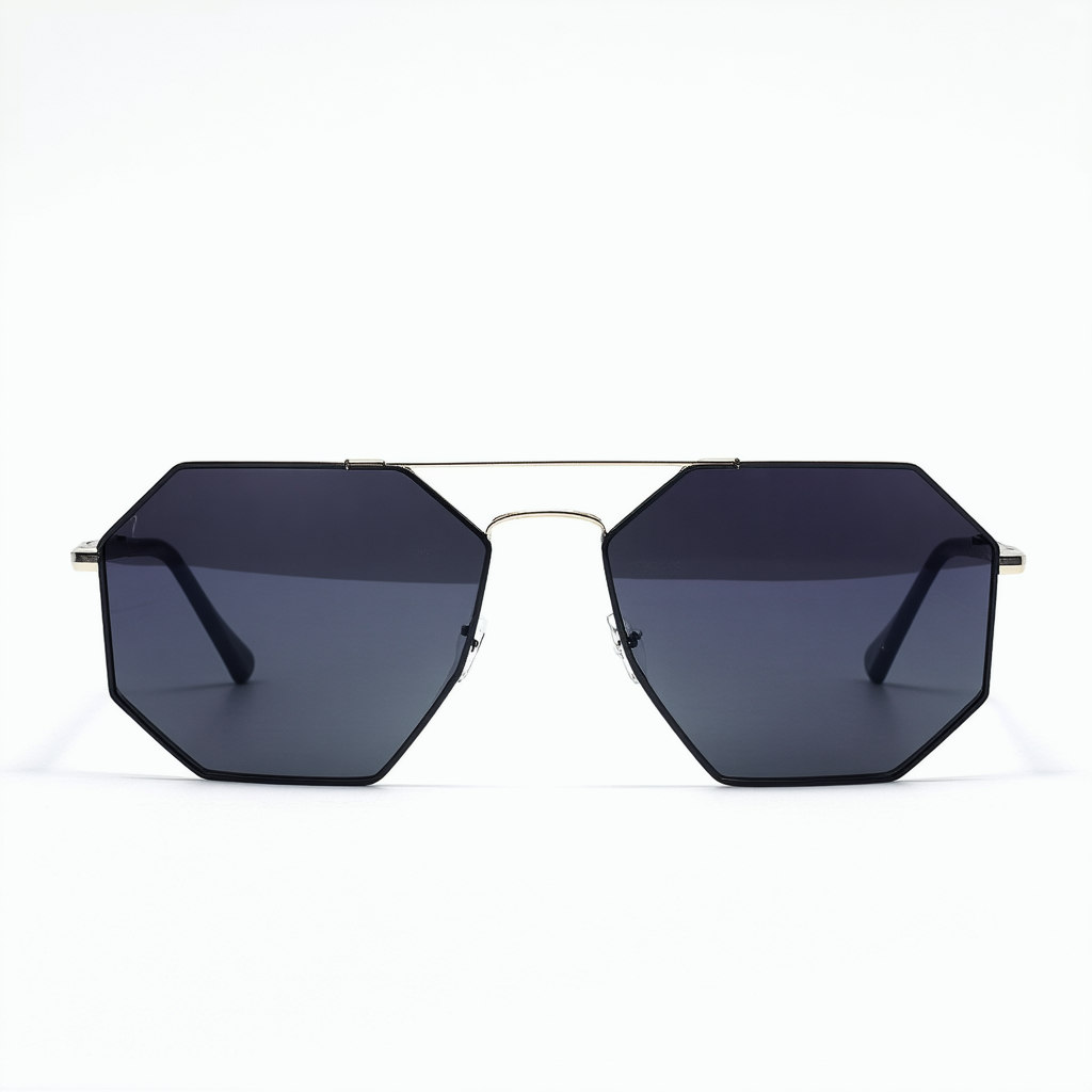 Geometric Hexagonal Metal Frame Neutral Colored Flat Lens Aviator Sunglasses 60mm