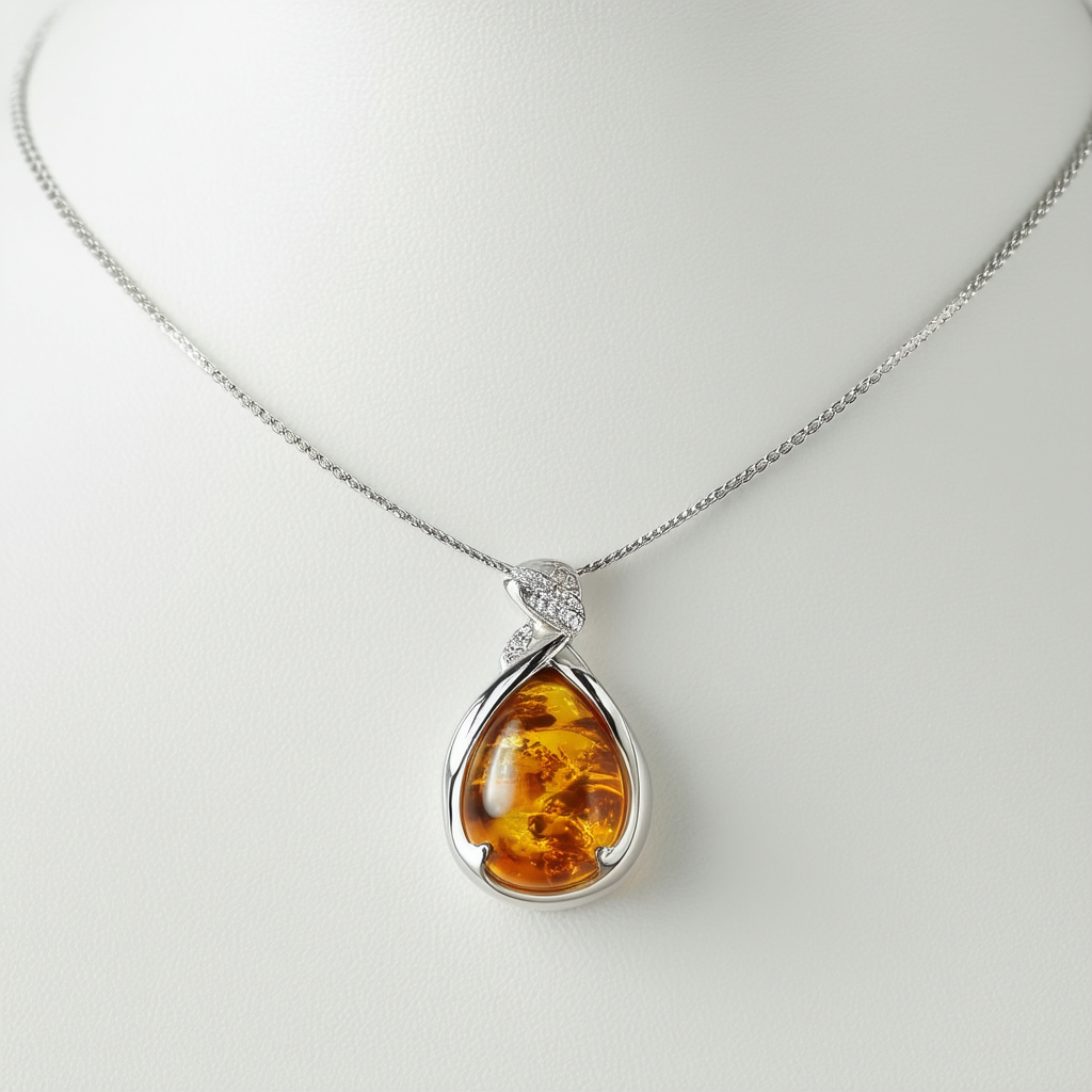 Amazon Collection Rhodium Plated Sterling Silver Honey Amber Drop Pendant Necklace, 18"