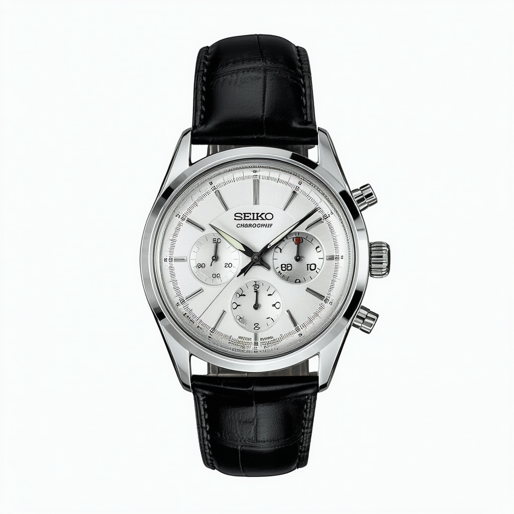 Seiko Silver Dial Chronograph Black Leather Mens Watch SPC087
