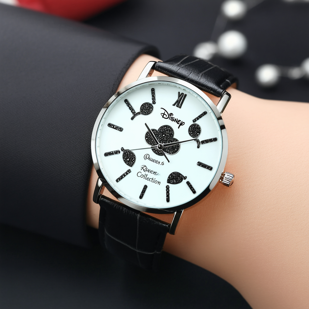 Disney Women's D1511S005 Queen Collection Rosetta Black Leather Strap Watch