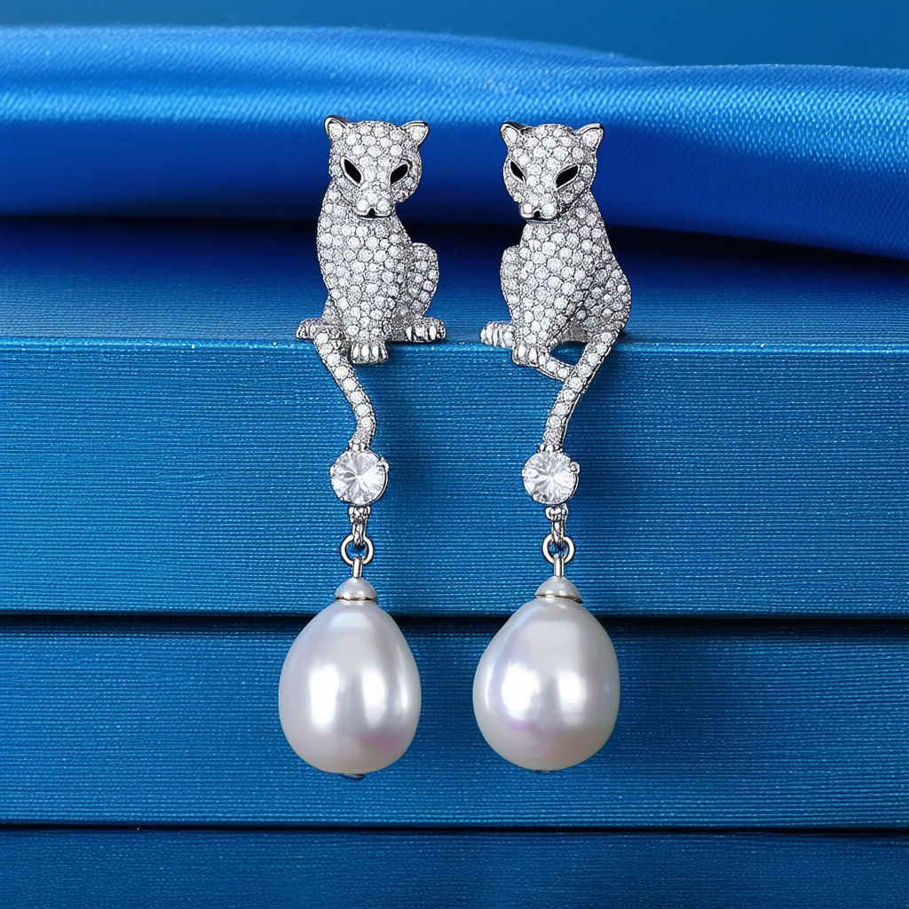 Amazon Collection Crystal Panther Simulated Pearl Dangle Earrings