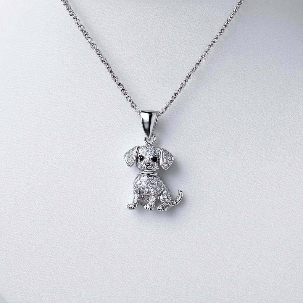 Amazon Collection Sterling Silver Cubic Zirconia Puppy Pendant Necklace, 18"