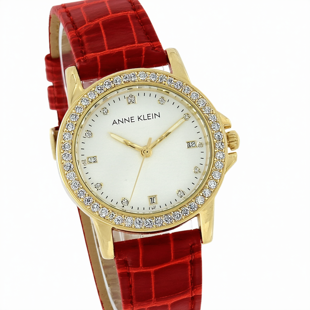 Anne Klein Women's AK/2358SVRD Diamond-Accented Gold-Tone and Red Croco-Grain Leather Strap Watch