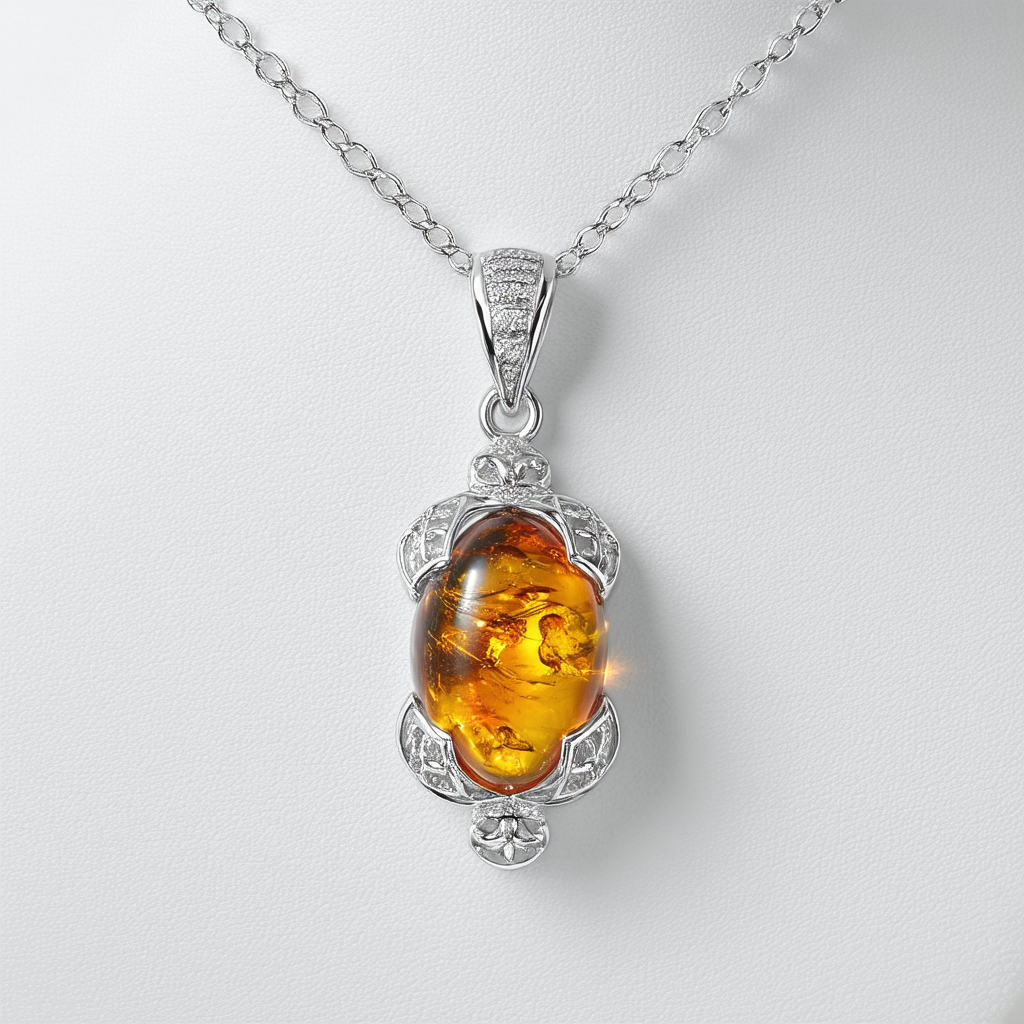 Amazon Collection Rhodium Plated Sterling Silver Honey Amber Ornamental Pendant Necklace, 18''