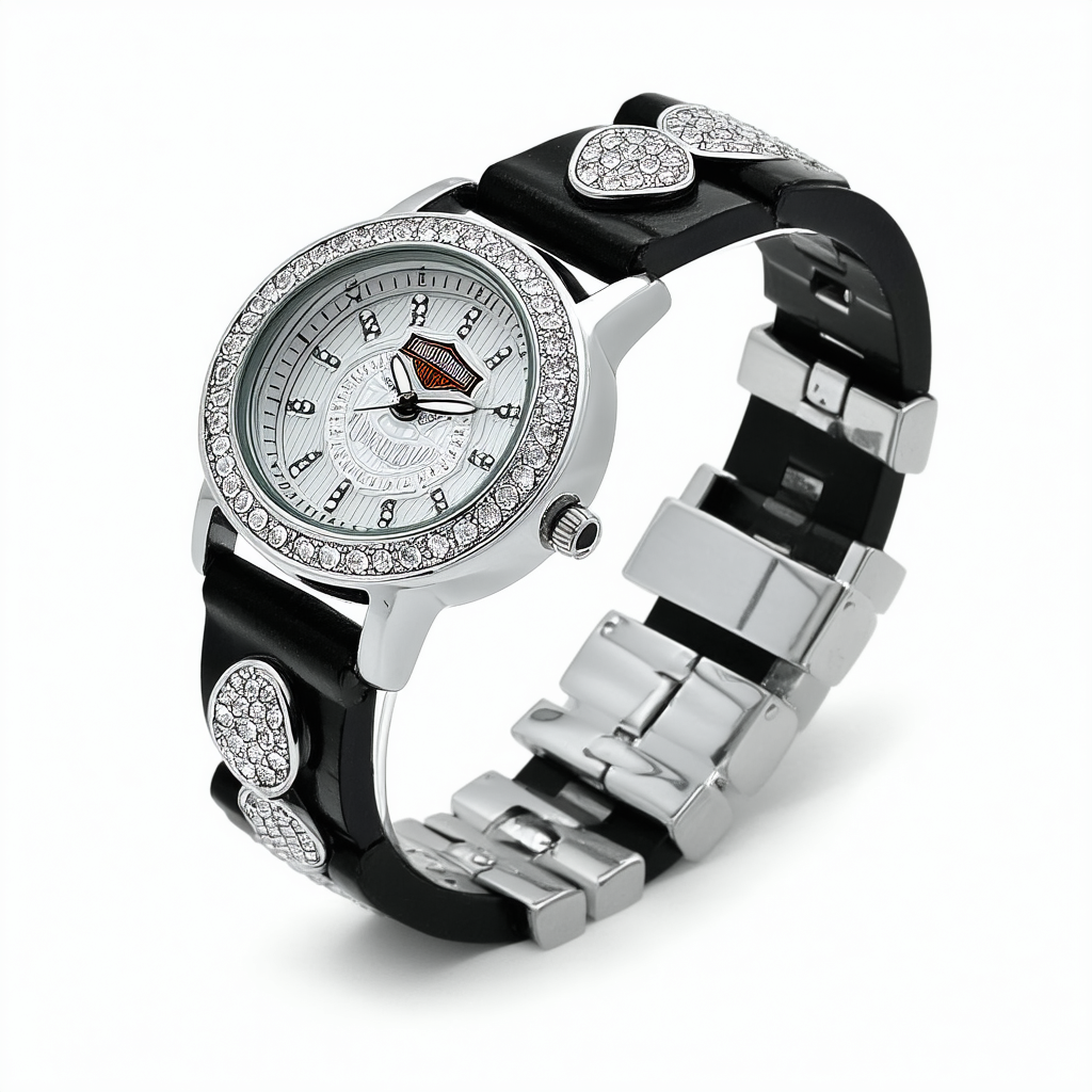 Harley-Davidson Women's Crystal Embellish Shaped Cuff Watch, Black/Silver 76L183