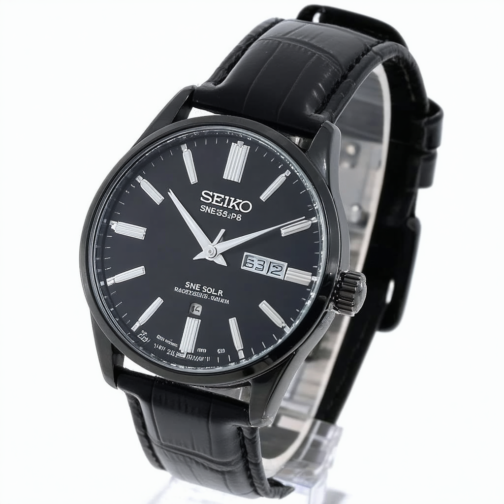 SEIKO Solar SNE363P2 Mens Black Dial Black Leather Band Watch