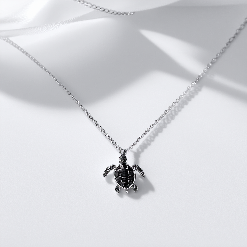 Amazon Collection Sterling Silver Black Diamond Turtle Pendant Necklace, 18"