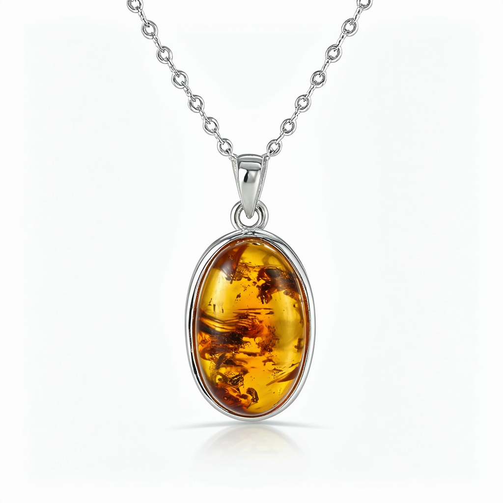 Honey Amber Sterling Silver Oval with Chain Pendant Necklace, 18"