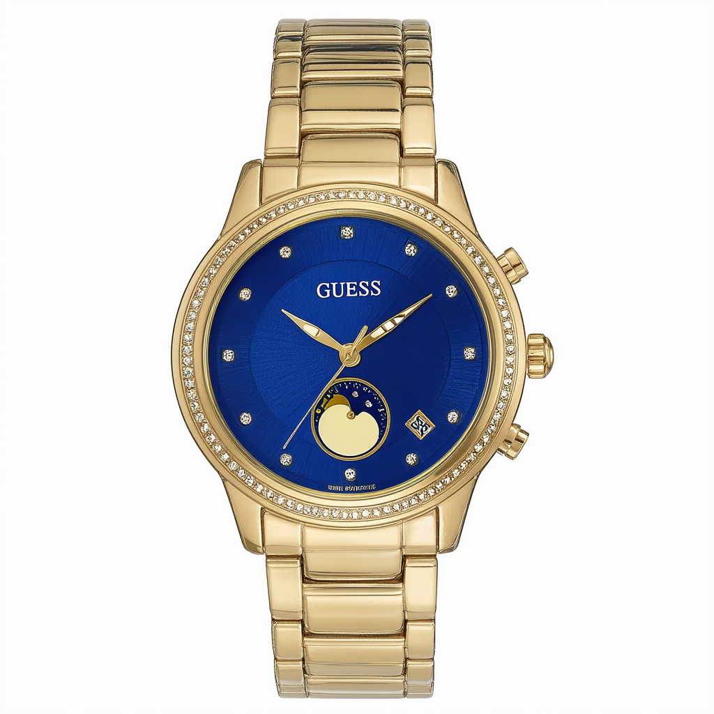 GUESS Women's U0565L4 Gold-Tone Multi-Function Watch with Iconic Blue Moonphase Dial