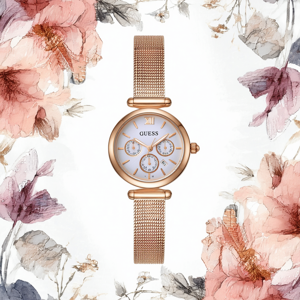GUESS U0139L3 Rose Gold-Tone Floral Mesh Watch
