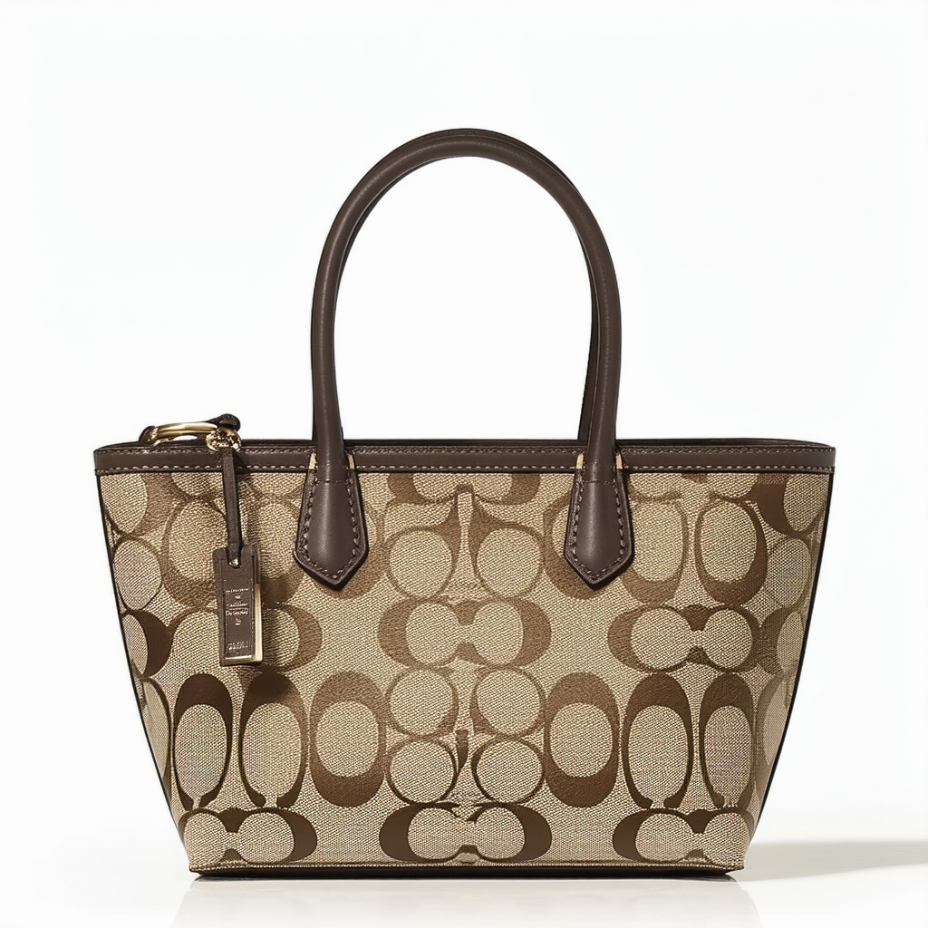 Coach Signature Fabric 12CM Small Top Handle Tote Khaki Brown Green